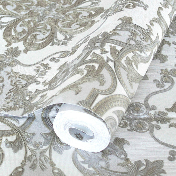 Luxury Silver Damask Embossed 3D Embossed Wallpaper, Premium Non-Woven Wall Covering, 41.7"W x 398"H, Washable Removable for 