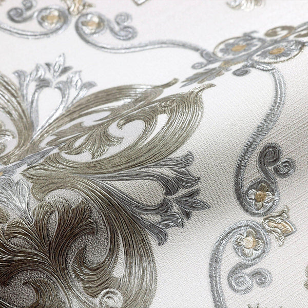 Luxury Silver Damask Embossed 3D Embossed Wallpaper, Premium Non-Woven Wall Covering, 41.7"W x 398"H, Washable Removable for 