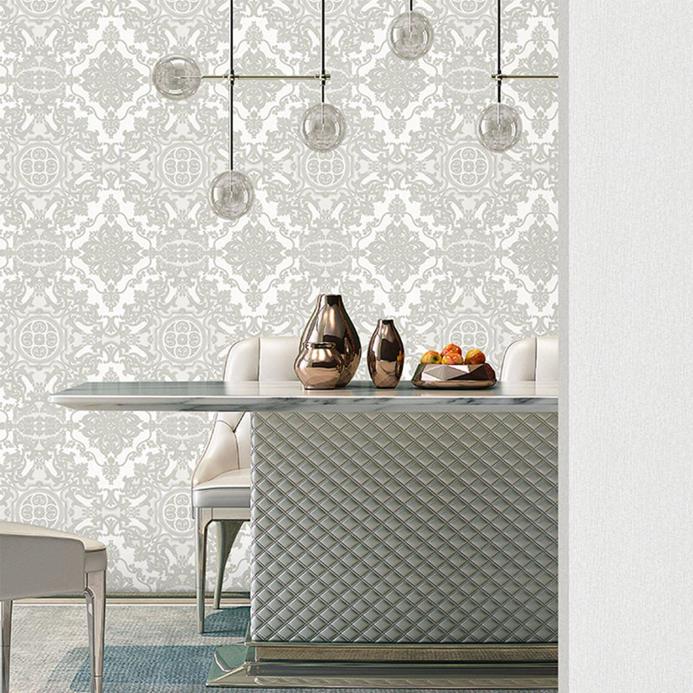 Luxury Silver Damask Embossed 3D Embossed Wallpaper, Premium Non-Woven Wall Covering, 41.7"W x 398"H, Washable Removable for 