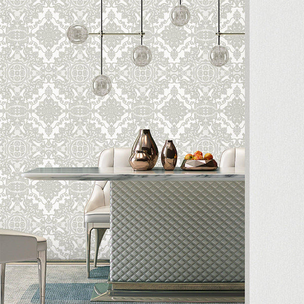 Luxury Silver Damask Embossed 3D Embossed Wallpaper, Premium Non-Woven Wall Covering, 41.7"W x 398"H, Washable Removable for 