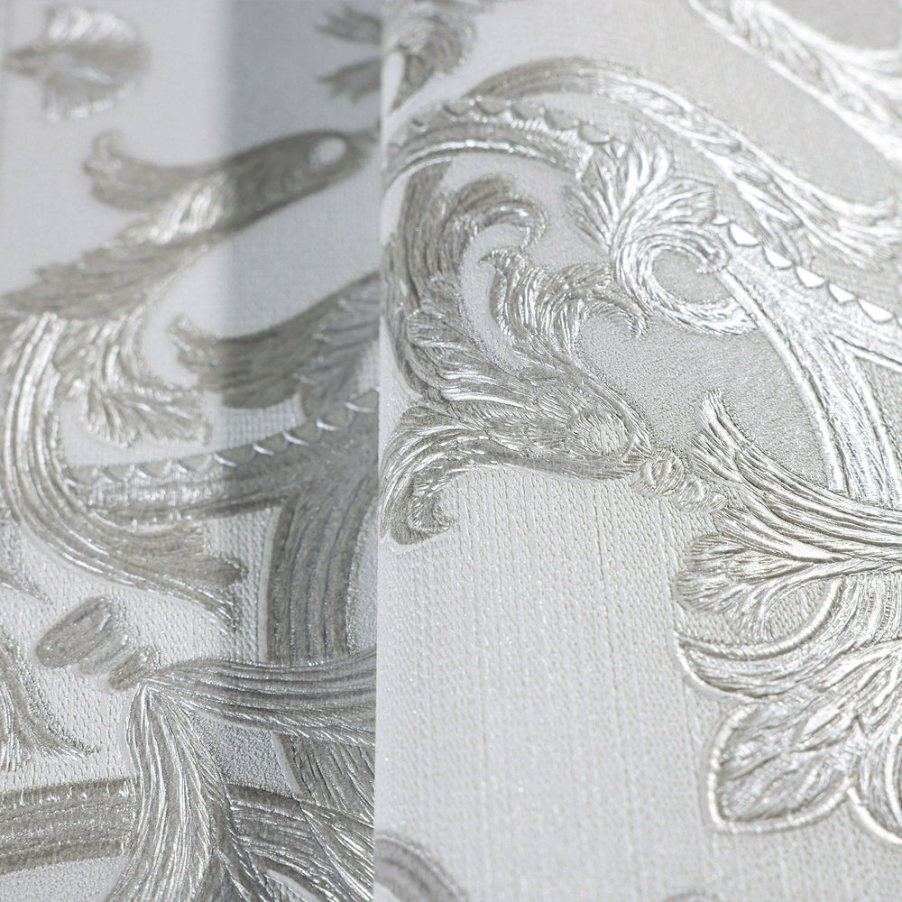 Luxury Silver Damask Embossed 3D Embossed Wallpaper, Premium Non-Woven Wall Covering, 41.7"W x 398"H, Washable Removable for 
