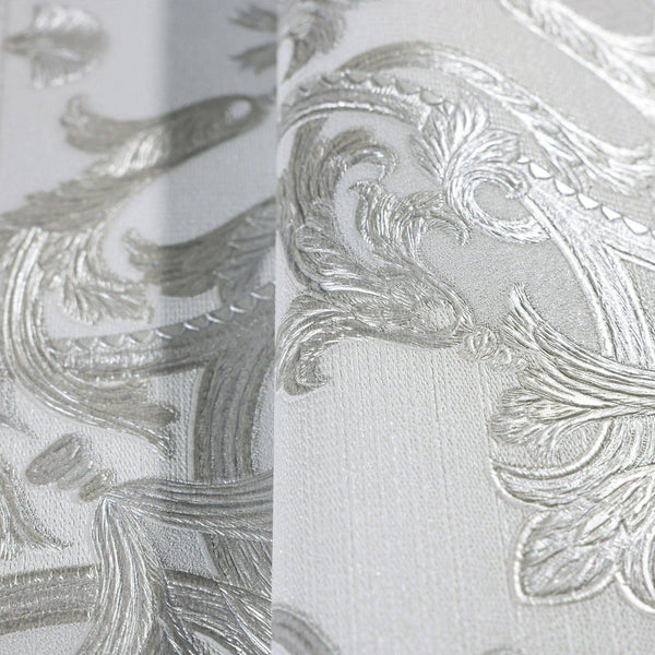 Luxury Silver Damask Embossed 3D Embossed Wallpaper, Premium Non-Woven Wall Covering, 41.7"W x 398"H, Washable Removable for 