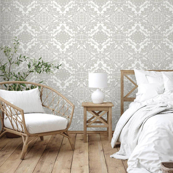 Luxury Silver Damask Embossed 3D Embossed Wallpaper, Premium Non-Woven Wall Covering, 41.7"W x 398"H, Washable Removable for 