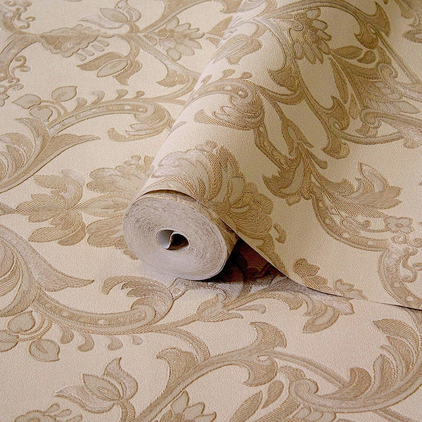 Luxury Beige Damask Textured 3D Embossed Wallpaper, Premium Non-Woven Wall Covering, 41.7"W x 398"H, Washable Removable for L