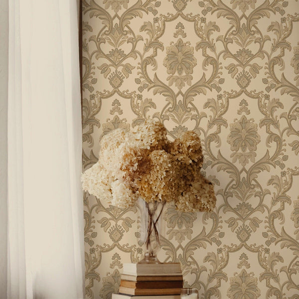 Luxury Beige Damask Textured 3D Embossed Wallpaper, Premium Non-Woven Wall Covering, 41.7"W x 398"H, Washable Removable for L