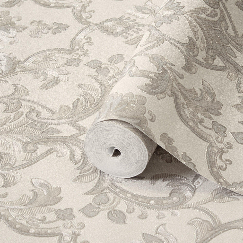 Luxury White Damask Textured 3D Embossed Wallpaper, Victorian Non-Woven Wall Covering, 41.7"W x 398"H, Washable Removable for