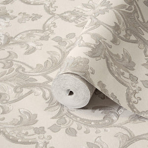 Luxury White Damask Textured 3D Embossed Wallpaper, Victorian Non-Woven Wall Covering, 41.7"W x 398"H, Washable Removable for