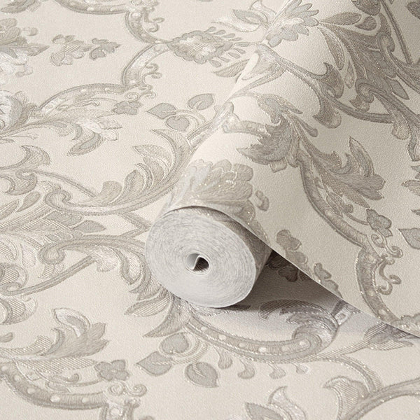 Luxury White Damask Textured 3D Embossed Wallpaper, Victorian Non-Woven Wall Covering, 41.7"W x 398"H, Washable Removable for