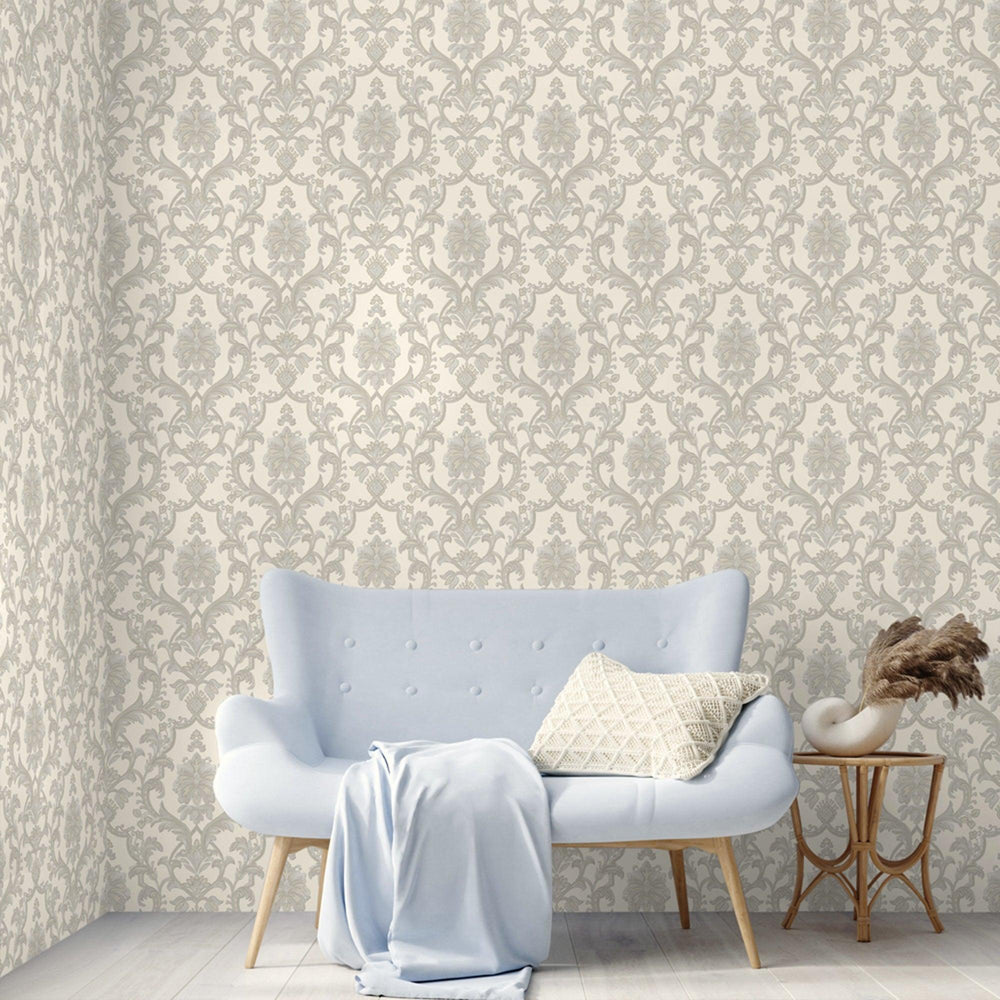 Luxury White Damask Textured 3D Embossed Wallpaper, Victorian Non-Woven Wall Covering, 41.7"W x 398"H, Washable Removable for