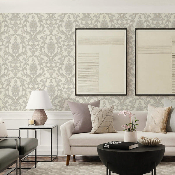 Luxury White Damask Textured 3D Embossed Wallpaper, Victorian Non-Woven Wall Covering, 41.7"W x 398"H, Washable Removable for