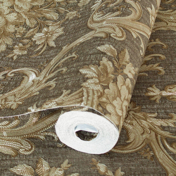 Luxury Brown Damask Textured 3D Embossed Wallpaper, Glam Non-Woven Wall Covering, 41.7"W x 398"H, Washable Removable for Livi