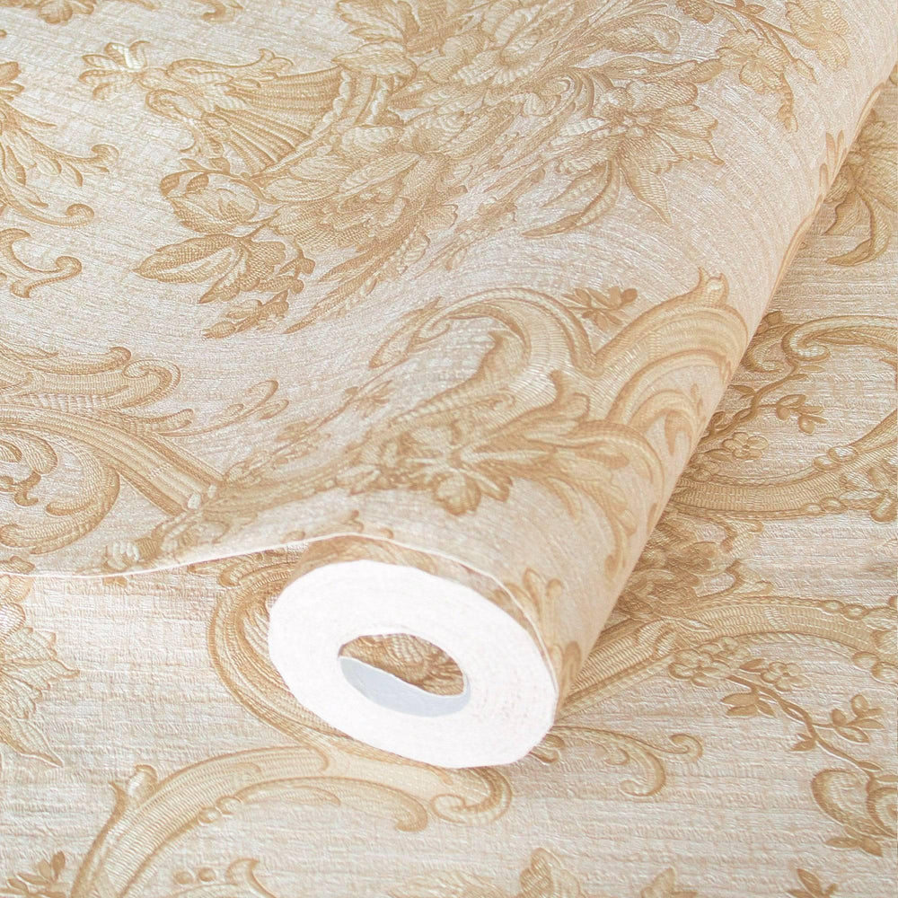 Luxury Cream Damask Textured 3D Embossed Wallpaper, Victorian Non-Woven Wall Covering, 41.7"W x 398"H, Washable Removable for