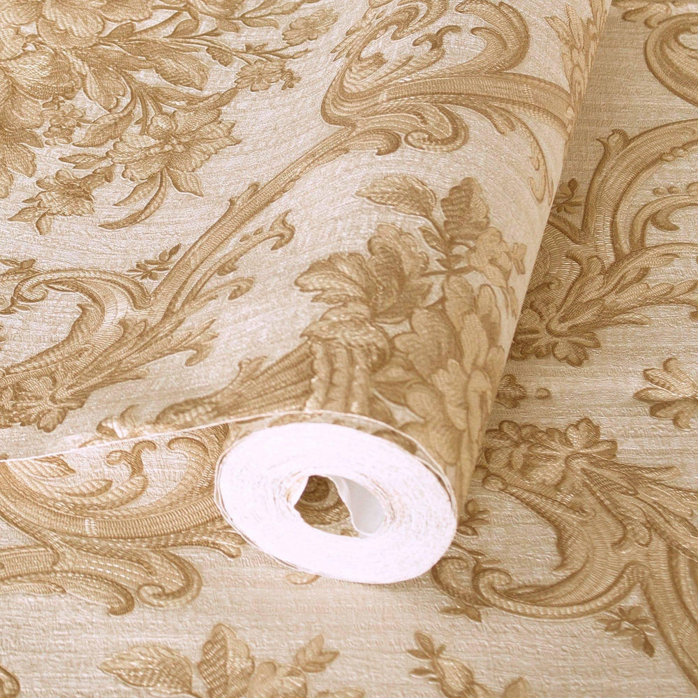Luxury Gold Damask Textured 3D Embossed Wallpaper, Victorian Non-Woven Wall Covering, 41.7"W x 398"H, Washable Removable for 
