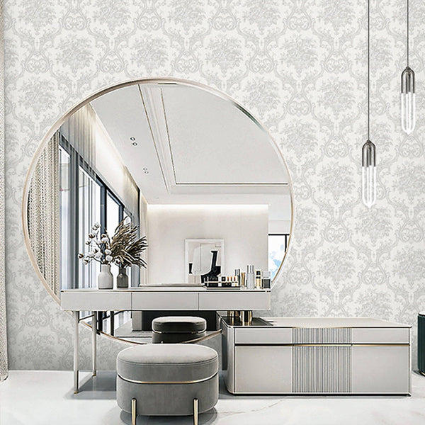 Luxury Silver Damask Textured 3D Embossed Wallpaper, Glam Non-Woven Wall Covering, 41.7"W x 398"H, Washable Removable for Liv