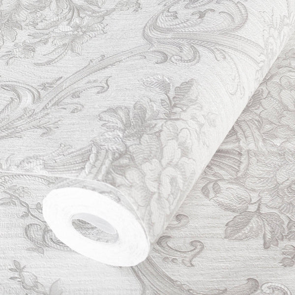 Luxury Silver Damask Textured 3D Embossed Wallpaper, Glam Non-Woven Wall Covering, 41.7"W x 398"H, Washable Removable for Liv