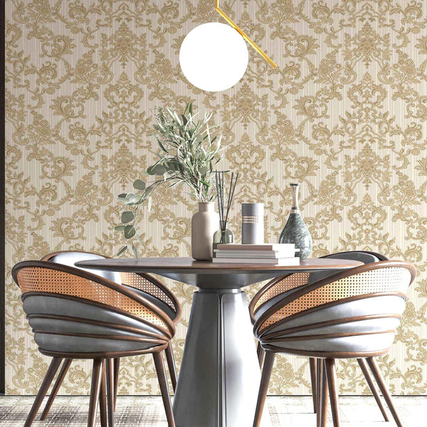 Luxury Gold Damask Striped Textured Wallpaper, Victorian Non-Woven Wall Covering, 41.7"W x 398"H, Washable Removable for Livi
