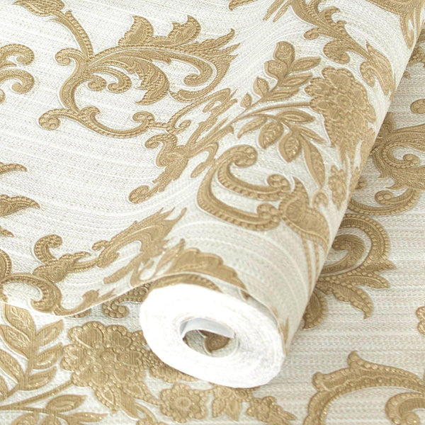 Luxury Gold Damask Striped Textured Wallpaper, Victorian Non-Woven Wall Covering, 41.7"W x 398"H, Washable Removable for Livi
