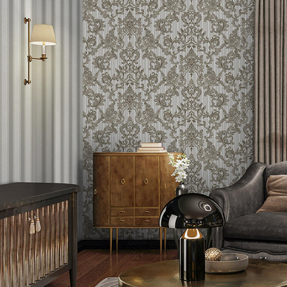 Luxury Gray Damask Striped Textured Wallpaper, Glam Non-Woven Wall Covering, 41.7"W x 398"H, Washable Removable for Living Ro