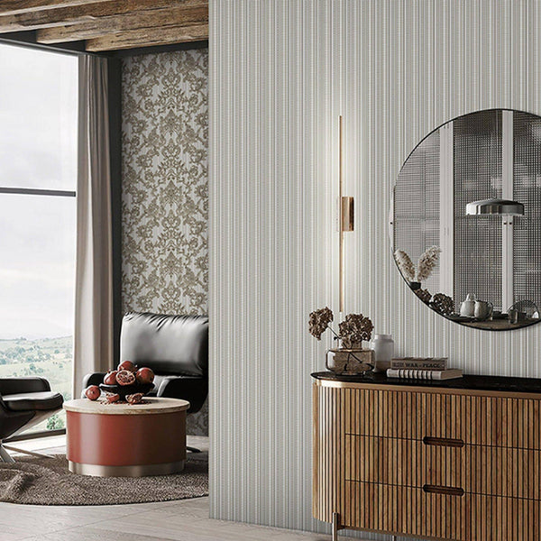 Luxury Gray Damask Striped Textured Wallpaper, Glam Non-Woven Wall Covering, 41.7"W x 398"H, Washable Removable for Living Ro