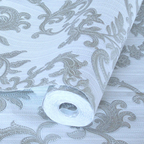 Luxury Silver Damask Striped Textured Wallpaper, Victorian Non-Woven Wall Covering, 41.7"W x 398"H, Washable Removable for Li