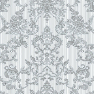 Luxury Silver Damask Striped Textured Wallpaper, Victorian Non-Woven Wall Covering, 41.7"W x 398"H, Washable Removable for Li