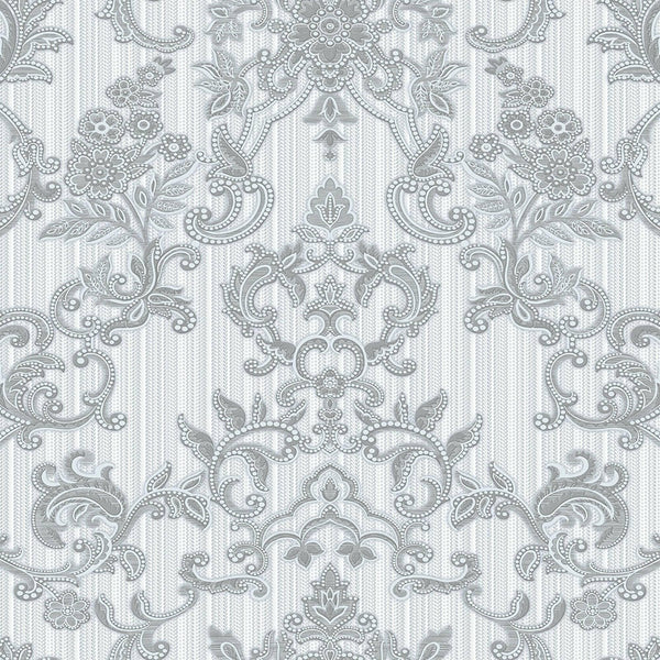 Luxury Silver Damask Striped Textured Wallpaper, Victorian Non-Woven Wall Covering, 41.7"W x 398"H, Washable Removable for Li