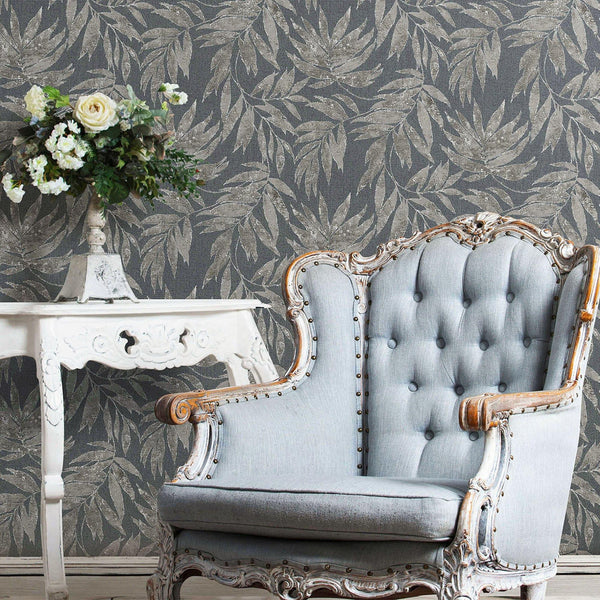 Luxury Blue Leaves Tropical Textured Wallpaper, Farmhouse Non-Woven Wall Covering, 41.7"W x 398"H, Washable Removable for Liv