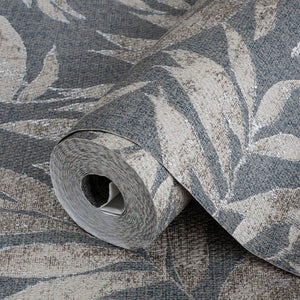 Luxury Blue Leaves Tropical Textured Wallpaper, Farmhouse Non-Woven Wall Covering, 41.7"W x 398"H, Washable Removable for Liv