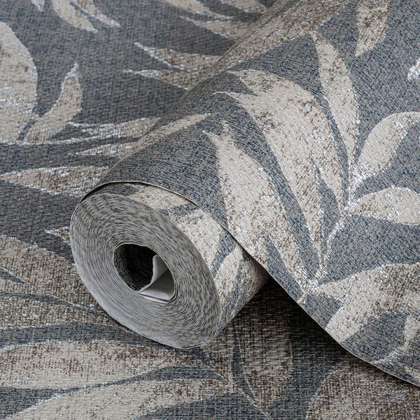 Luxury Blue Leaves Tropical Textured Wallpaper, Farmhouse Non-Woven Wall Covering, 41.7"W x 398"H, Washable Removable for Liv