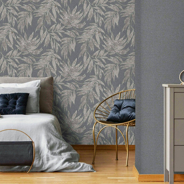 Luxury Blue Leaves Tropical Textured Wallpaper, Farmhouse Non-Woven Wall Covering, 41.7"W x 398"H, Washable Removable for Liv
