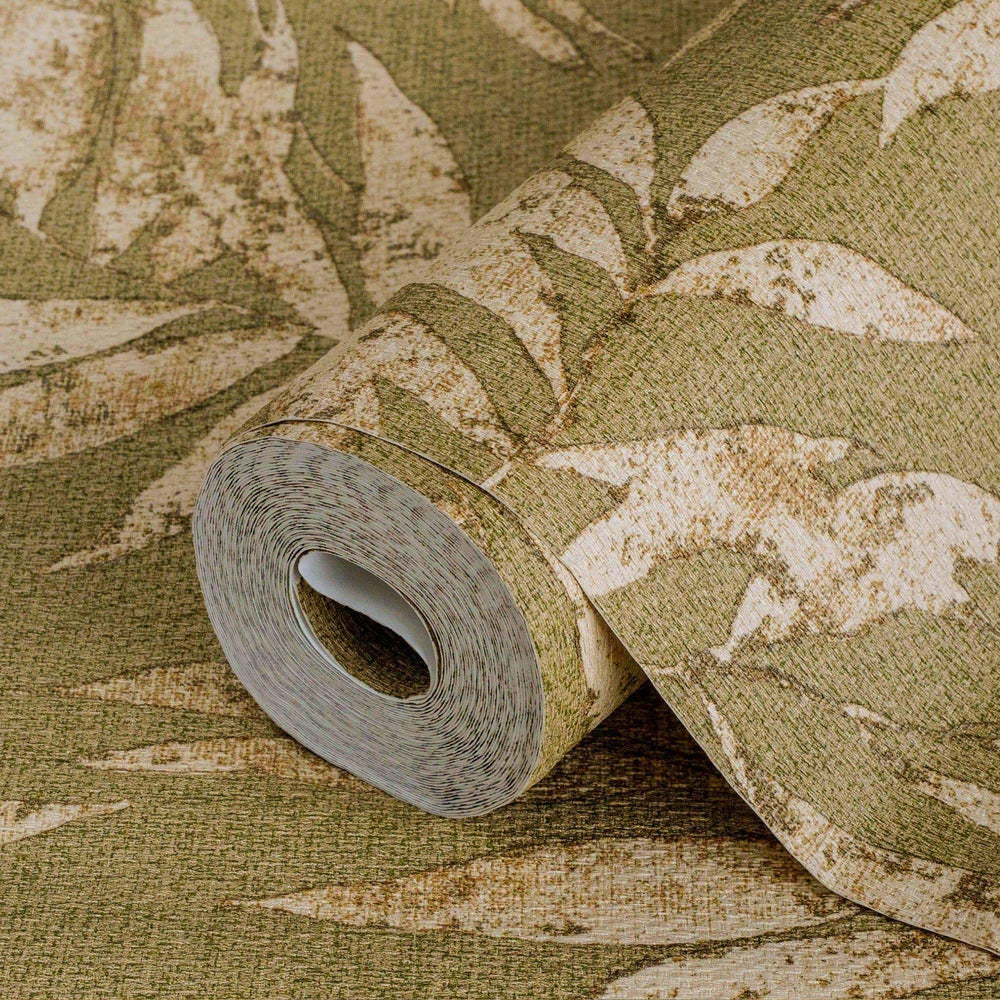 Luxury Green Leaves Tropical Textured Wallpaper, Boho Non-Woven Wall Covering, 41.7"W x 398"H, Washable Removable for Living 
