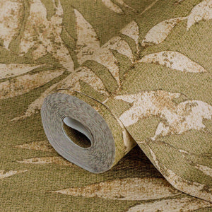 Luxury Green Leaves Tropical Textured Wallpaper, Boho Non-Woven Wall Covering, 41.7"W x 398"H, Washable Removable for Living 