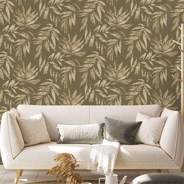 Luxury Green Leaves Tropical Textured Wallpaper, Boho Non-Woven Wall Covering, 41.7"W x 398"H, Washable Removable for Living 