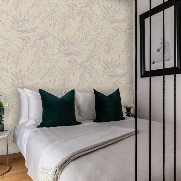 Luxury Gray Leaves Tropical Textured Wallpaper, Farmhouse Non-Woven Wall Covering, 41.7"W x 398"H, Washable Removable for Liv