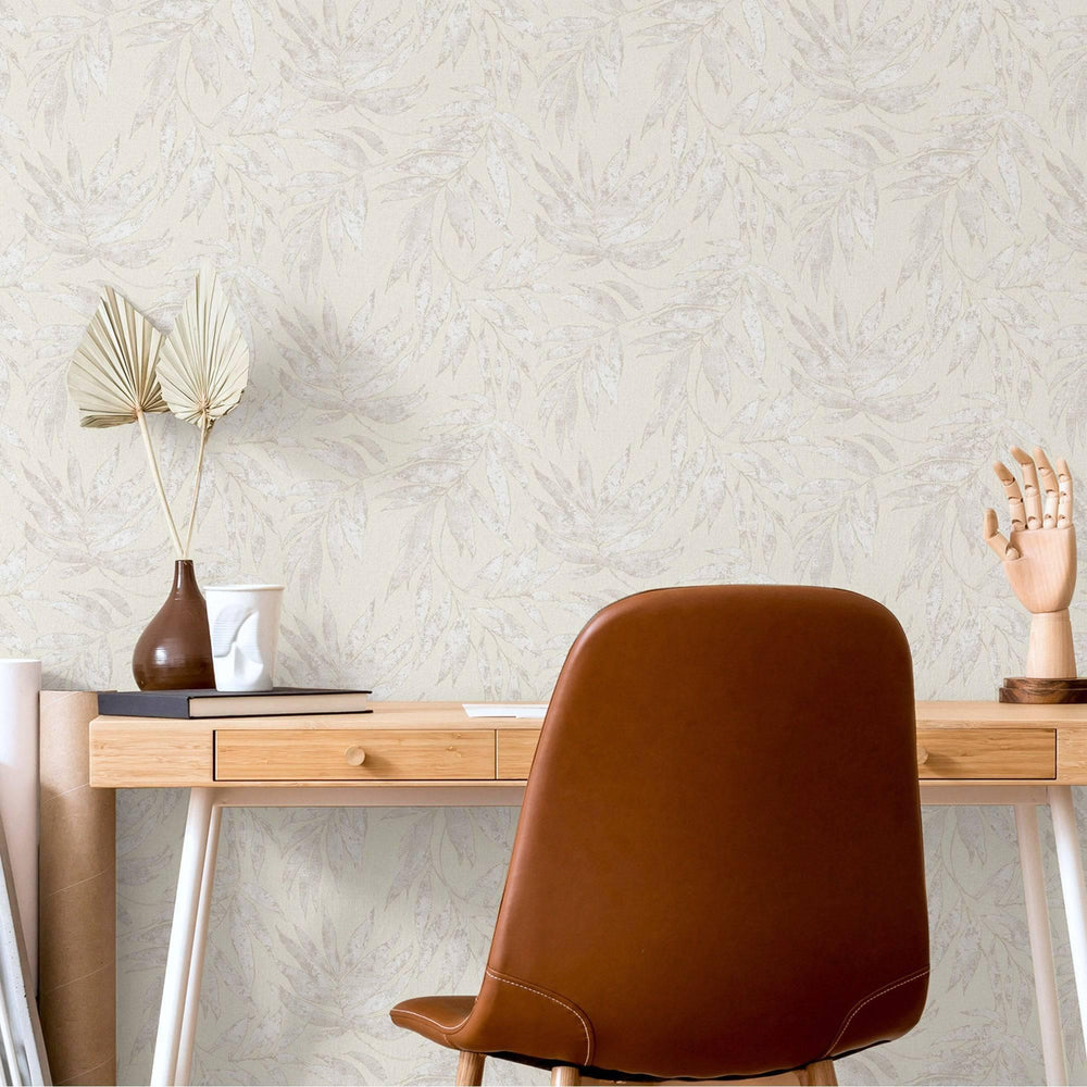Luxury White Leaves Tropical Textured Wallpaper, Premium Non-Woven Wall Covering, 41.7"W x 398"H, Washable Removable for Livi