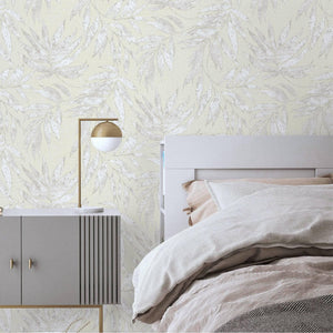 Luxury White Leaves Tropical Textured Wallpaper, Premium Non-Woven Wall Covering, 41.7"W x 398"H, Washable Removable for Livi