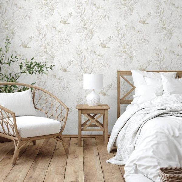 Luxury White Bird Birds 3D Embossed Wallpaper, Boho Non-Woven Wall Covering, 41.7"W x 614"H, Washable Removable for Living Ro