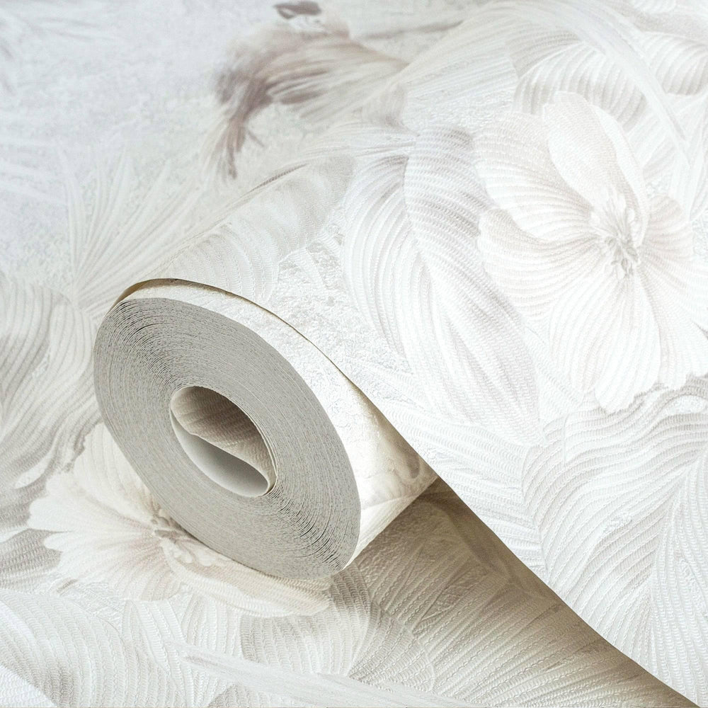 Luxury White Bird Birds 3D Embossed Wallpaper, Boho Non-Woven Wall Covering, 41.7"W x 614"H, Washable Removable for Living Ro