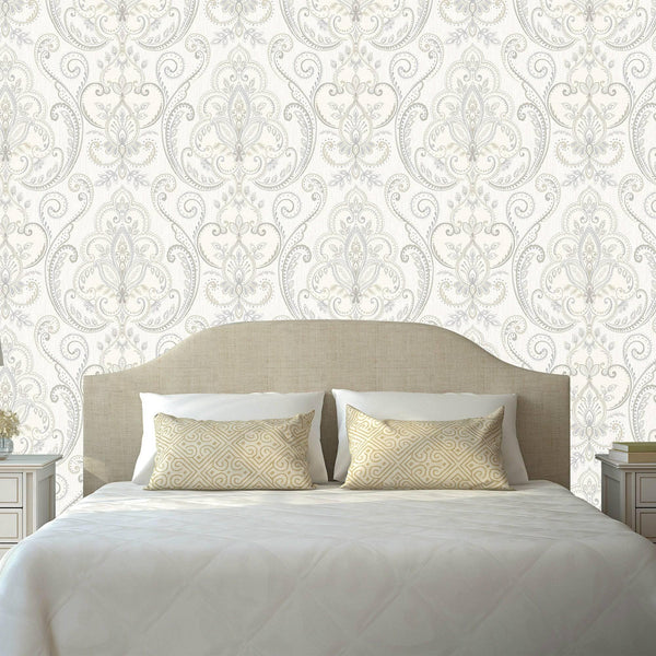 Luxury White Damask Textured 3D Embossed Wallpaper, Victorian Non-Woven Wall Covering, 41.7"W x 614"H, Washable Removable for