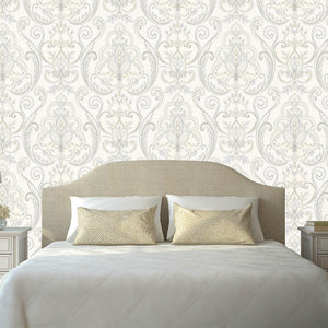 Luxury White Damask Textured 3D Embossed Wallpaper, Victorian Non-Woven Wall Covering, 41.7"W x 614"H, Washable Removable for
