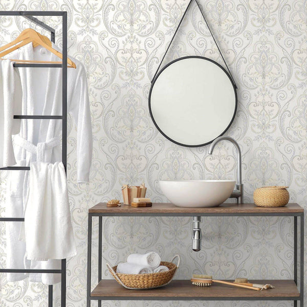 Luxury White Damask Textured 3D Embossed Wallpaper, Victorian Non-Woven Wall Covering, 41.7"W x 614"H, Washable Removable for