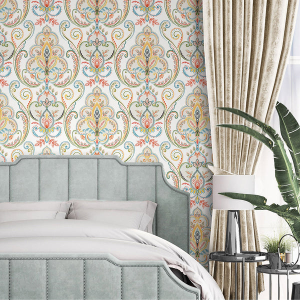Luxury White Damask Textured 3D Embossed Wallpaper, Victorian Non-Woven Wall Covering, 41.7"W x 614"H, Washable Removable for