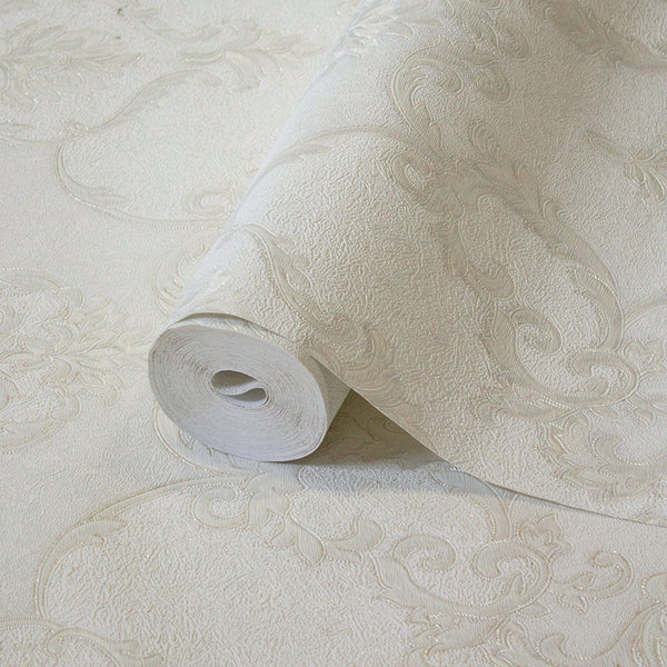 Luxury White Damask Embossed 3D Embossed Wallpaper, Country Non-Woven Wall Covering, 41.7"W x 398"H, Washable Removable for L