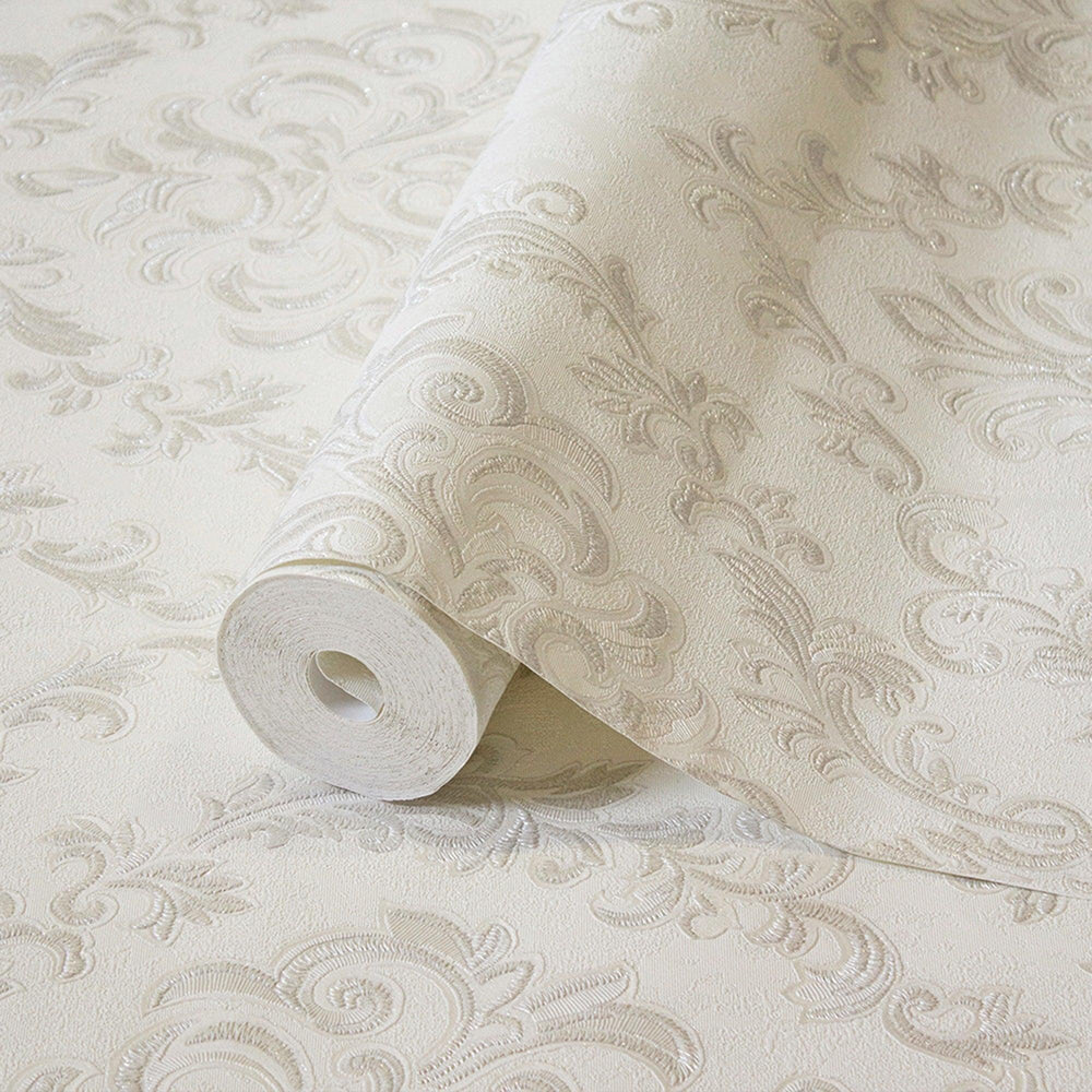 Luxury White Damask Embossed 3D Embossed Wallpaper, Premium Non-Woven Wall Covering, 41.7"W x 398"H, Washable Removable for L