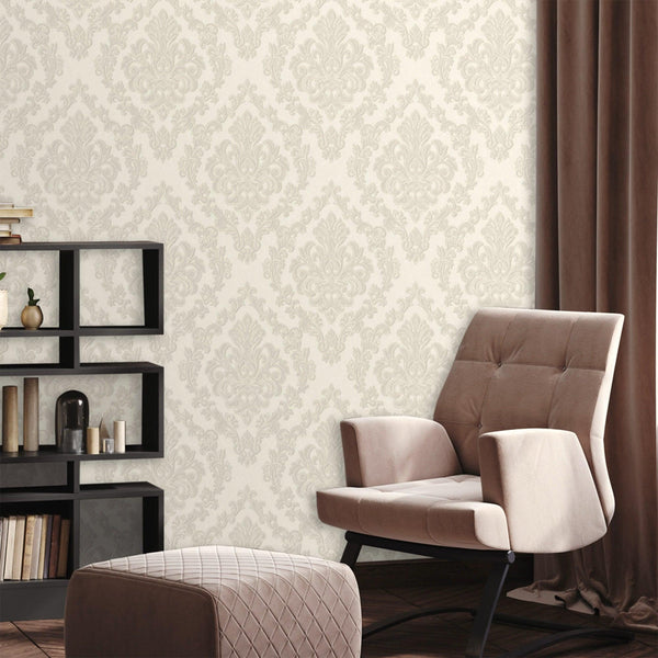 Luxury White Damask Embossed 3D Embossed Wallpaper, Premium Non-Woven Wall Covering, 41.7"W x 398"H, Washable Removable for L