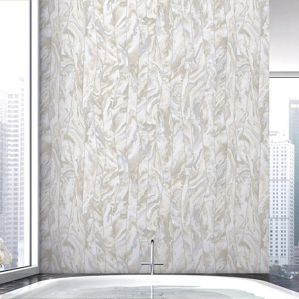 Luxury White Marble Striped Wallpaper, Coastal Non-Woven Wall Covering, 41.7"W x 398"H, Washable Removable for Living Room Be