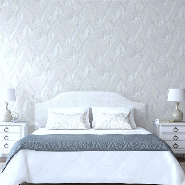 Luxury White Chevron Geometric Wallpaper, Contemporary Non-Woven Wall Covering, 41.7"W x 398"H, Washable Removable for Living