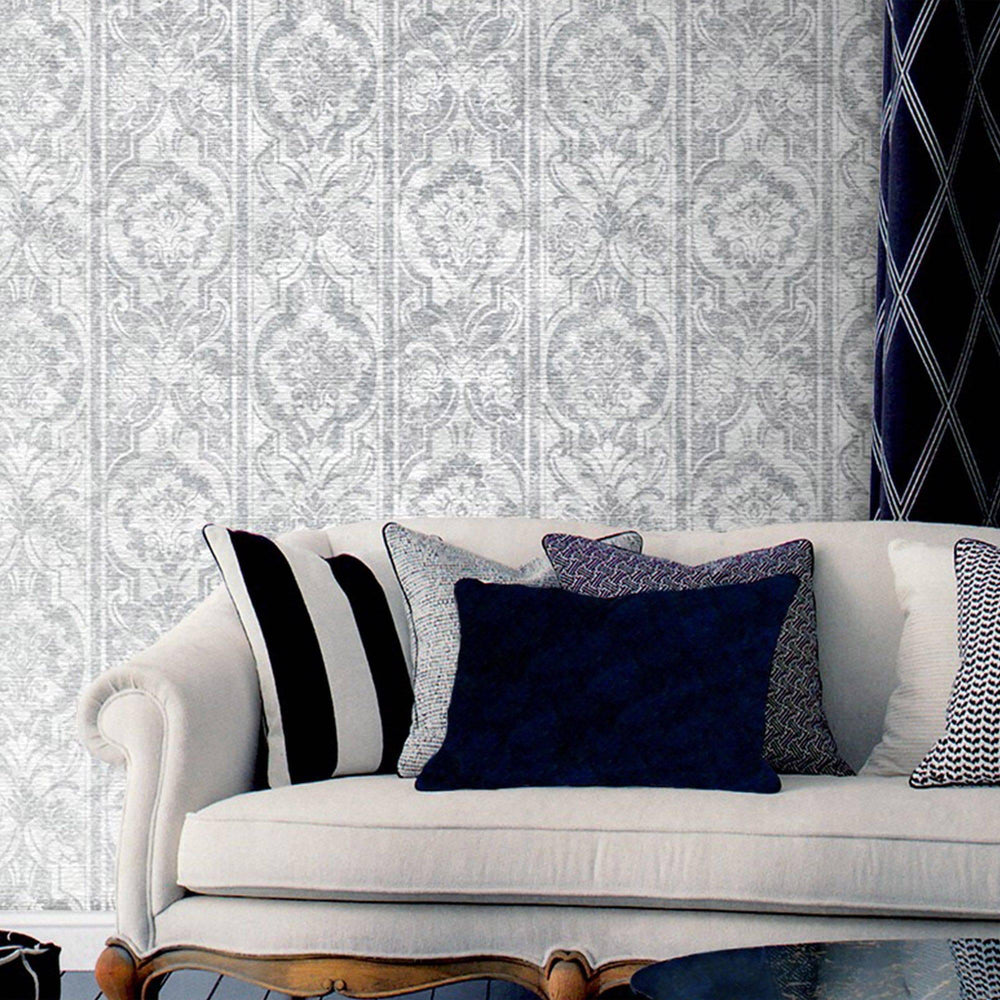 Luxury Silver Damask Abstract Textured Wallpaper, Country Non-Woven Wall Covering, 41.7"W x 398"H, Washable Removable for Liv