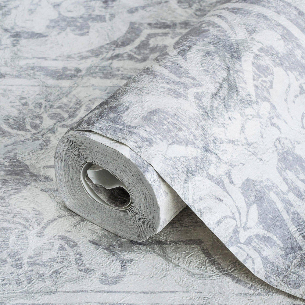 Luxury Silver Damask Abstract Textured Wallpaper, Country Non-Woven Wall Covering, 41.7"W x 398"H, Washable Removable for Liv