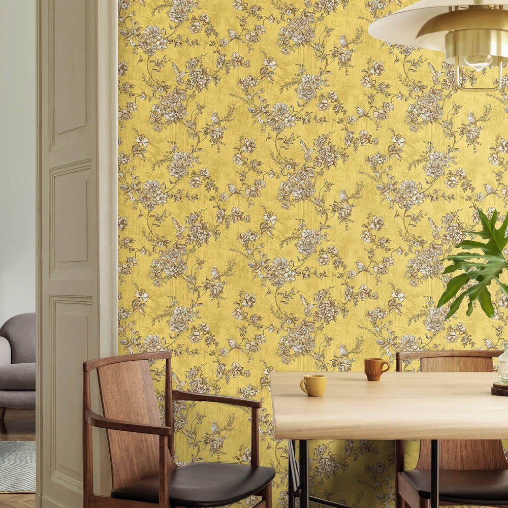 Luxury Yellow Chinoiserie Floral Wallpaper, Traditional Non-Woven Wall Covering, 41.7"W x 614"H, Washable Removable for Livin